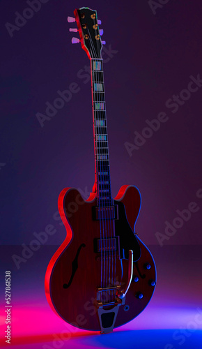 3d rendered illustration dual tone electric guitar black drop on dark background
