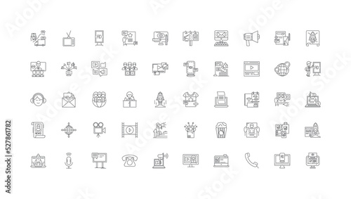 Mass media concept illustration, linear icons, line signs set, vector collection
