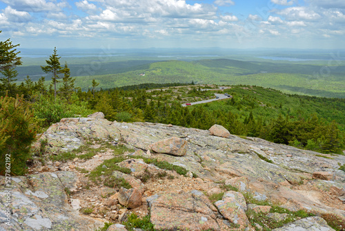 Acadia National Park, viewed from Cadillac Mountain to rocks, forests and roads. State of Maine, USA