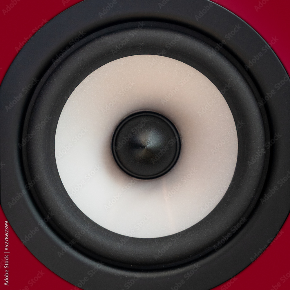 Midrange or bass driver of speaker. Red case Midrange or bass driver of speaker. Red case