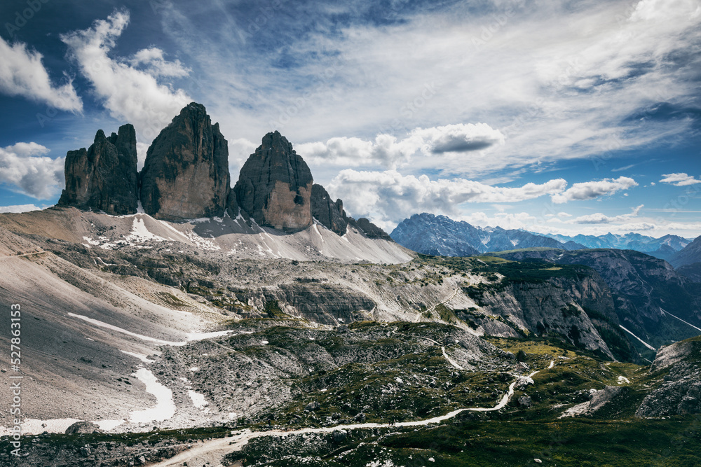 view of tre cime di lavaredo mountains in the dolomites at summer time