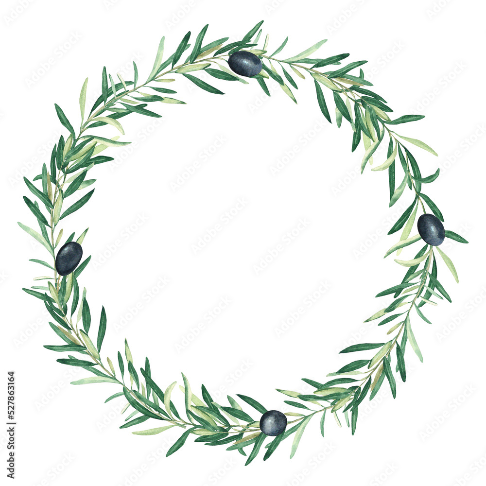 Watercolor olive tree wreath with black olives. Isolated on white background. Hand drawn botanical illustration. Can be used for cards, logos and food design. Watercolor olive tree wreath with black olives. Isolated on white background. Hand drawn botanical illustration. Can be used for cards, logos and food design.