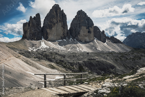 view of tre cime di lavaredo mountains in the dolomites at summer time