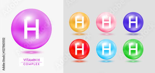 Vitamin H complex. Set of colorful balls multivitamins capsules minerals isolated on grey background. Dietary supplement for pharmacy advertisement, package design. Vector EPS10.