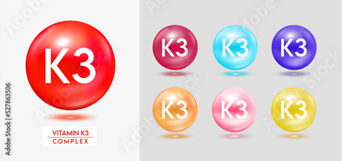 Vitamin K3 complex. Set of colorful balls multivitamins capsules minerals isolated on grey background. Dietary supplement for pharmacy advertisement, package design. Vector EPS10.
