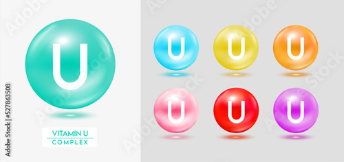 Vitamin U complex. Set of colorful balls multivitamins capsules minerals isolated on grey background. Dietary supplement for pharmacy advertisement, package design. Vector EPS10.