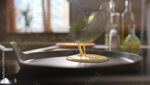 Homemade pancake cooking process in a frying pan in the kitchen. Close up of full pancake frying process, spatula flipping fluffy pancake in hot frying pan. Making for family delicious breakfast meal
