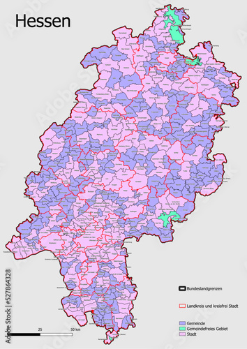 Karte Administrative Gliederung Bundesland Hessen Gemeinde, Gemeindefreies Gebiet Stadt