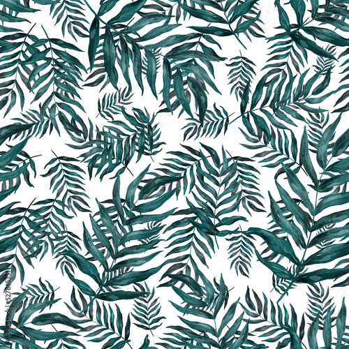 Watercolor seamless pattern with palm leaves. Beautiful allover tropical print with hand drawn exotic plants. Swimwear botanical design. 