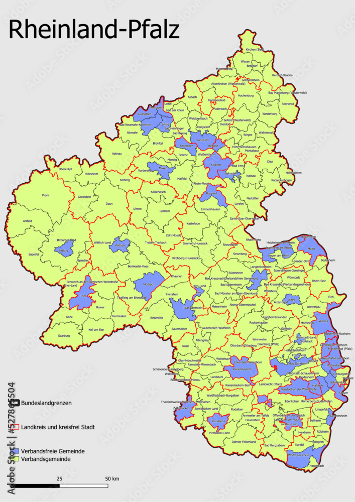 Karte Administrative Gliederung Bundesland Rheinland-Pfalz Einheitsgemeinde, Verwaltunsgemeinschaft, Verwaltungsverband 