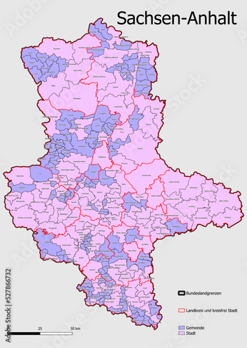 Karte Administrative Gliederung Bundesland Sachsen-Anhalt Gemeinde, Stadt.