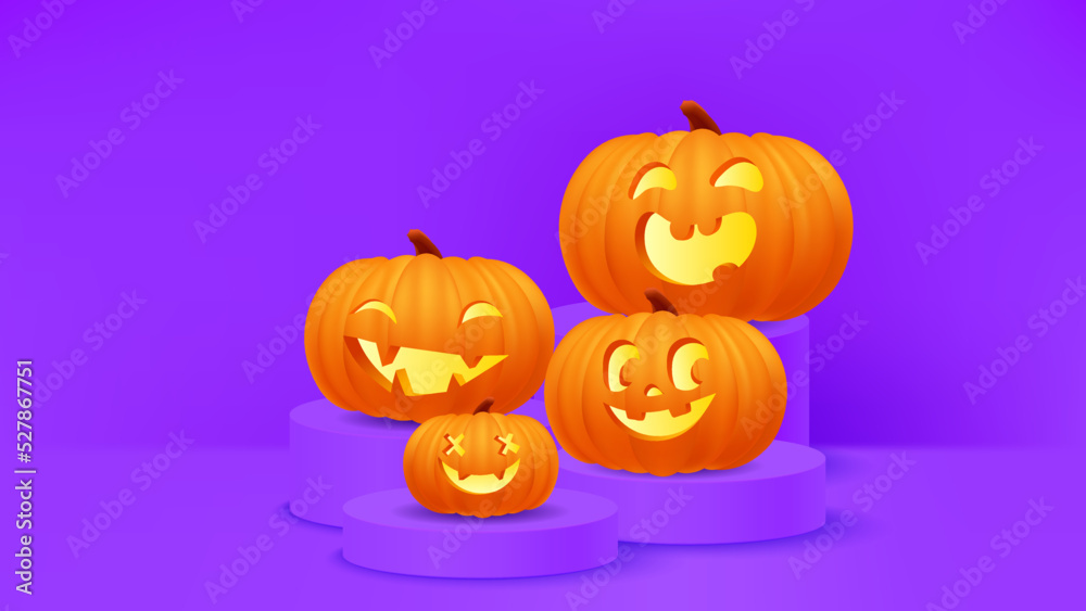 Obraz premium Happy Halloween purple banner, template or party invitation background with jack o lantern face cute pumpkins on podium scene. 3d vector illustration realistic pumpkin.