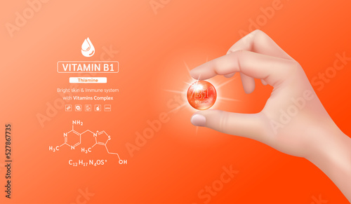 Doctor hand holding vitamin B1 complex capsule orange and structure. Minerals supplement with chemical formula. Medical concept. 3D Realistic vector.