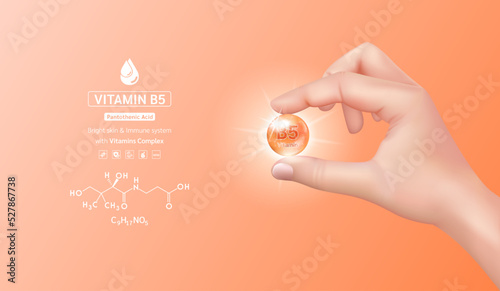 Doctor hand holding vitamin B5 complex capsule orange and structure. Minerals supplement with chemical formula. Medical concept. 3D Realistic vector.