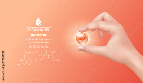 Doctor hand holding vitamin B9 complex capsule orange and structure. Minerals supplement with chemical formula. Medical concept. 3D Realistic vector.
