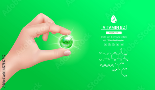 Doctor hand holding vitamin B2 complex capsule green and structure. Minerals supplement with chemical formula. Medical concept. 3D Realistic vector.