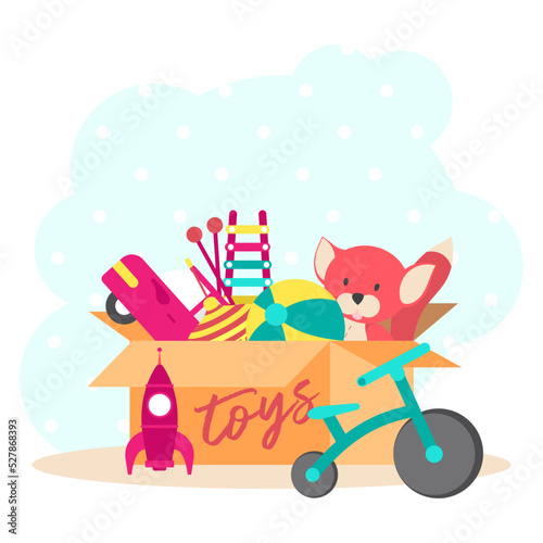 Toy Box  full of children  s toys including fox  Ball  car  rocket  whirligig  bicycle. Vector illustration cartoon.