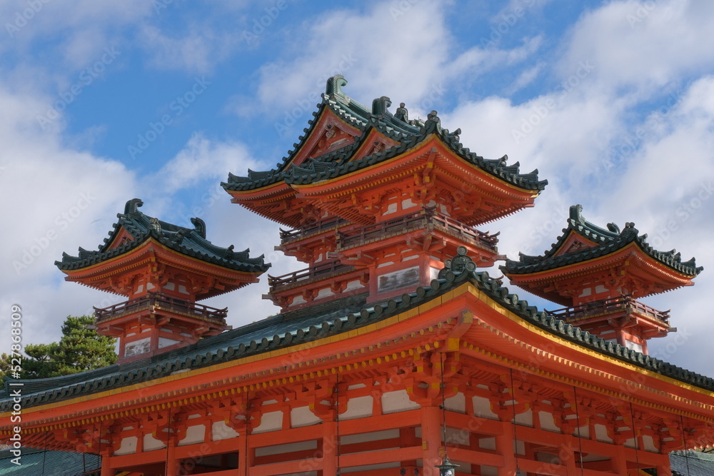 vermillon pagoda of the Heian shrine in Kyoto, Japan, on a bright sunny day with a blue sky