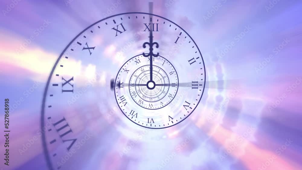 Concept of passing time and the transience of life. Spiral of time. Rotating clock face and hand Concept of passing time and the transience of life. Spiral of time. Rotating clock face and hand