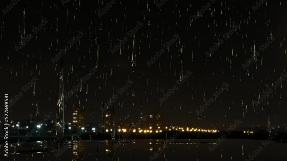 Rain falling over the city at night forming puddles. Close up shot. 3D Video. 3D animation. Rain falling over the city at night forming puddles. Close up shot. 3D Video. 3D animation.
