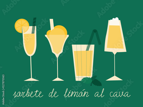 Lemon cava sorbet. A set of various glasses with an alcoholic cocktail of lemon ice cream and sparkling wine. Vector flat retro illustration for design. Green background.