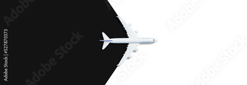 Flat lay design of travel concept with plane on black background with copy space