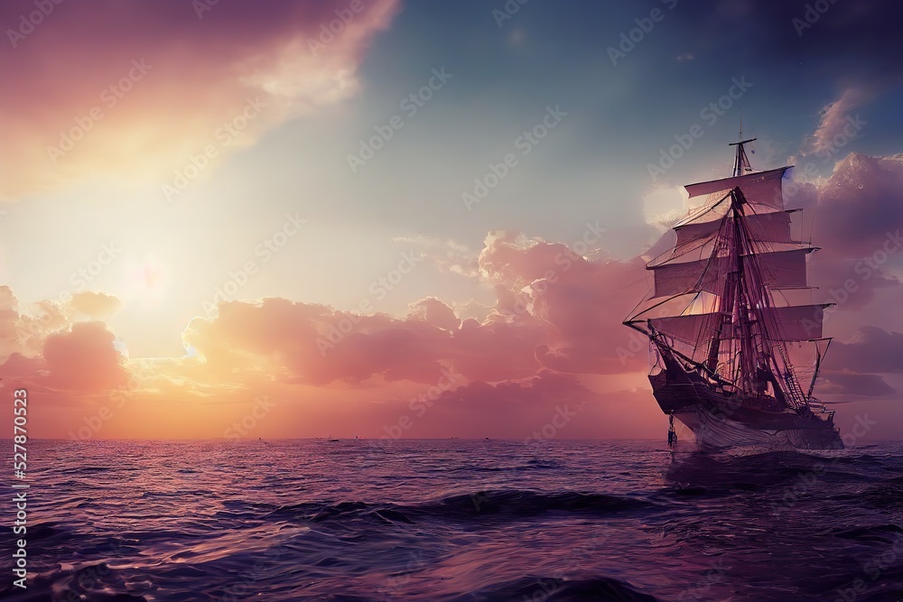 ship sailing waves.  3d render, Raster illustration.
