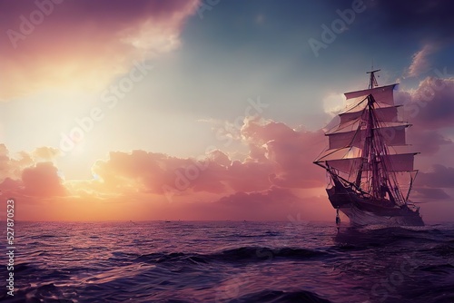 ship sailing waves. 3d render, Raster illustration.