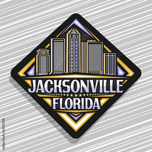 Vector logo for Jacksonville, black rhombus road sign with line illustration of urban jacksonville city scape on dusk sky background, decorative refrigerator magnet with words jacksonville, florida