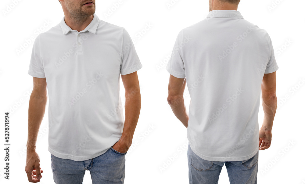 man in white cotton polo shirt isolated on white background. mockup for design