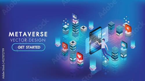 Metaverse VR flyer banner abstract technology background Hi-tech communication concept, technology, digital business, innovation, science fiction scene vector illustration with copy-space.