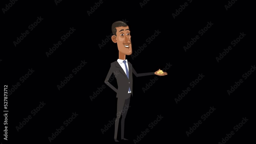 Cartoon black african businessman character holds coins with hand animation with alpha channel