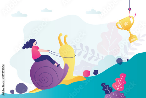 Businesswoman riding snail trying to reach top of mountain. Entrepreneur slowly but surely achieves goal