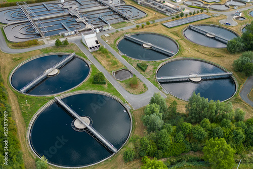 Aerial view of a modern sewage water treatment plant. Grey water recycling, waste management to counter drought by climate change