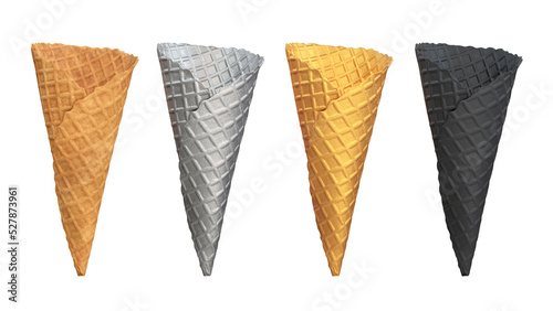 Collection of waffle cones in various colors white, silver, gold, black, 3d render