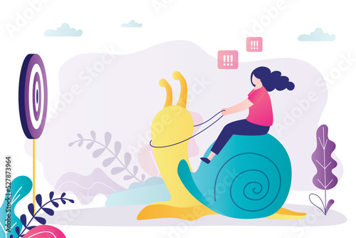 Businesswoman riding sluggish snail trying to reach target. Girl slowly but surely moving towards goal