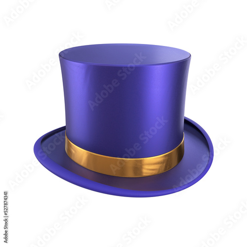 Blue top hat with a gold ribbon on a white background, 3d render