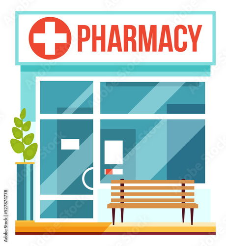 Pharmacy facade with glass door. City street store