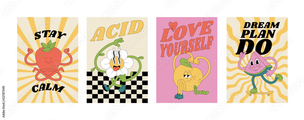 Vector collection of retro groovy posters with characters- strawberry, flower, peach and waterlemon with typography quote. Placard for print.