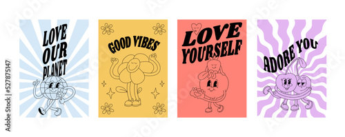 Vector collection of retro groovy posters with characters- planet Earth, flower, aplle with strawberry and cherries with typography quote. Placard for print.