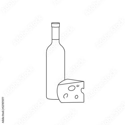 Vector line illustration silhouettes of wine bottle with piece of cheese isolated on white background.