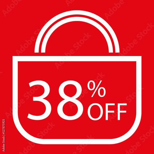 38 percent off. Red banner with shopping bag illustration. 