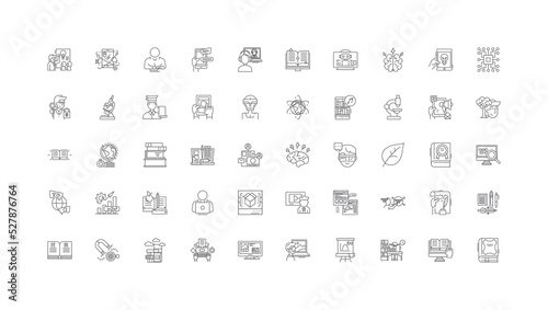 Online education concept illustration, linear icons, line signs set, vector collection