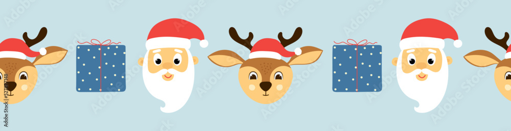 Seamless border of gift boxes, cute santa claus and deer head on blue background. Template for Christmas design. 