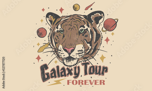 Tiger galaxy tour. Animal rock and roll vector design.  Space wild cat vintage artwork. 