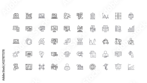 Search engine marketing concept illustration, linear icons, line signs set, vector collection