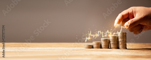 Business for success background, risks management with strategy, Growth and finance ideas with hand side a coins pile. Investment background for web banner. photo