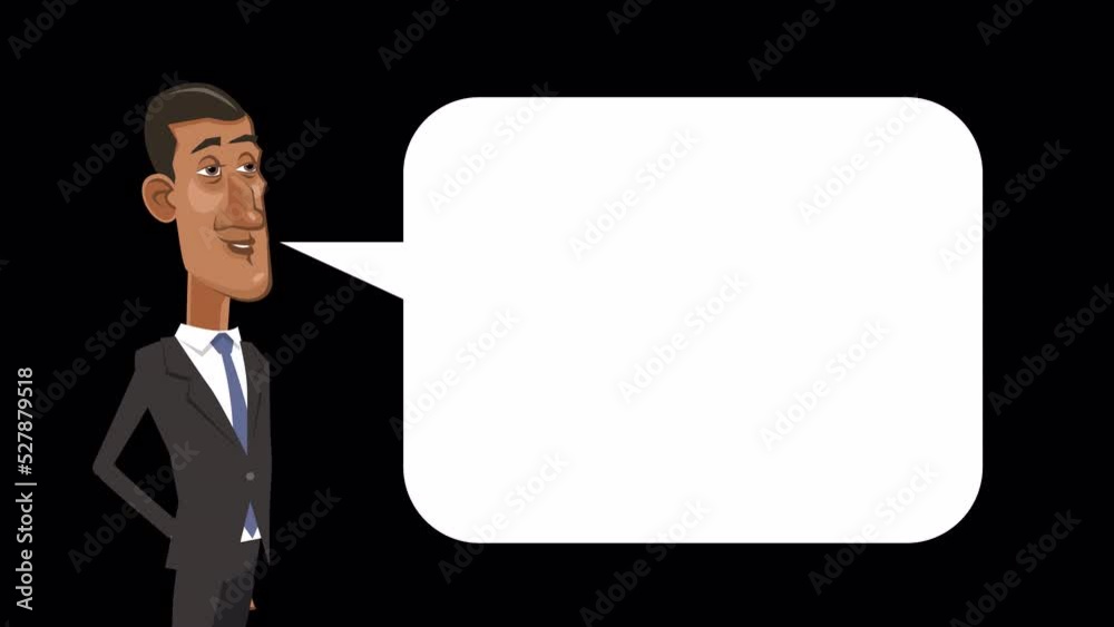 Cartoon black african businessman character speaks with speech bubble animation with alpha channel Cartoon black african businessman character speaks with speech bubble animation with alpha channel