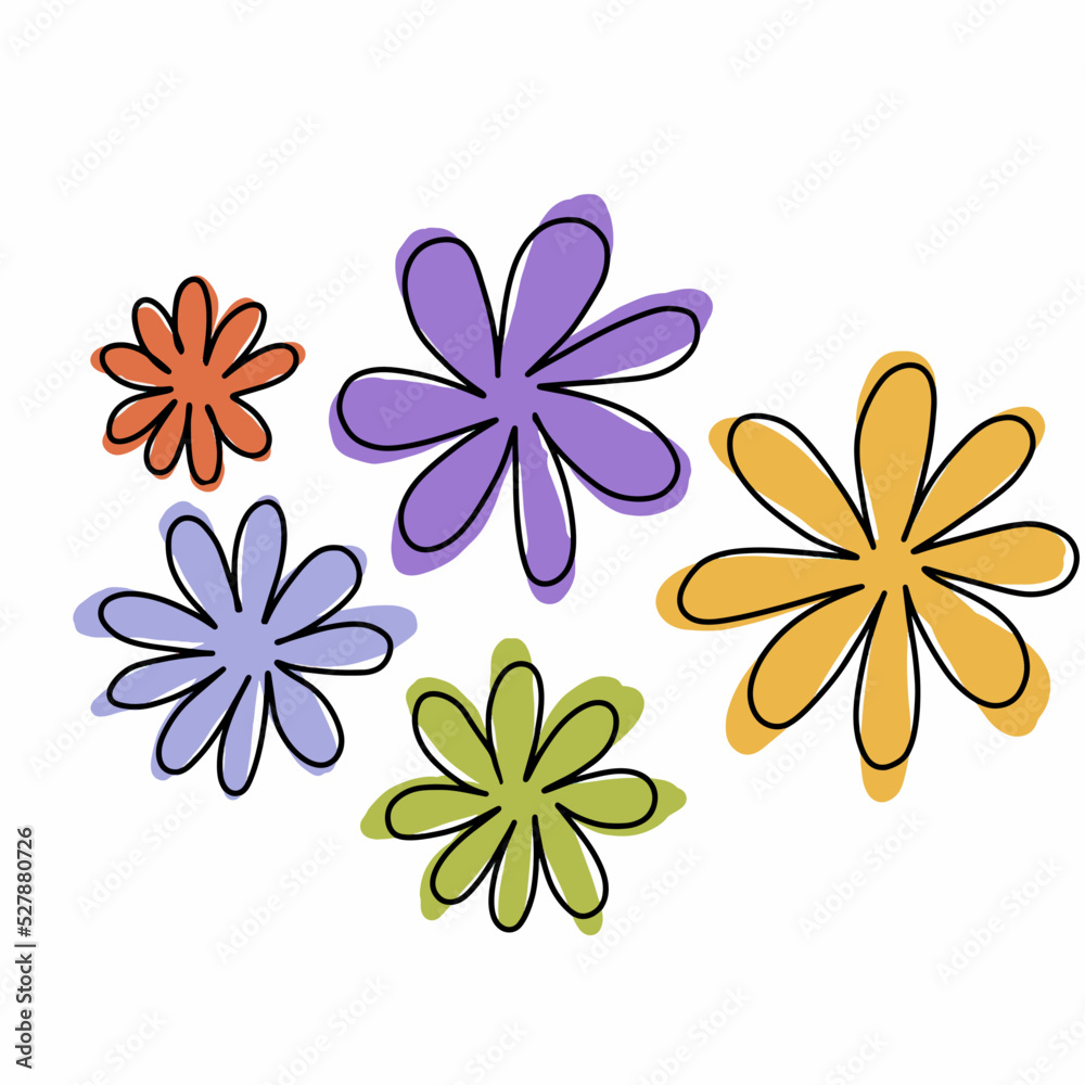 Obraz premium Abstract multicolored flowers. Flat vector illustration of blooming plants on white. Botanical elements for greeting card, design and packaging.