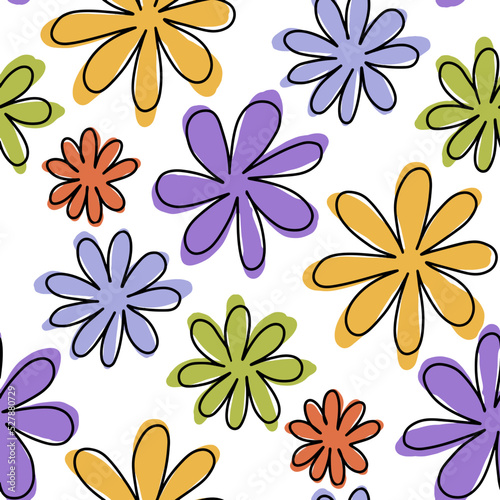 Seamless pattern with abstract multicolored flowers. Flat vector illustration of blooming plants on white. Botanical background for greeting card  design and packaging.